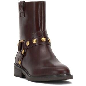 Vince Camuto Amais Boots Women US 8.5M Rich Mahogany Leather Studded Moto Bootie